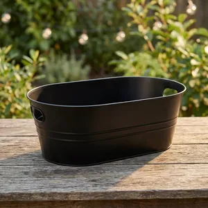 Black Metal Oval <b>Ice</b> <b>Bucket</b> with Side Handles Multipurpose Beverage Chiller Serving Tub Party <b>Table</b> Decor - Product Image 2