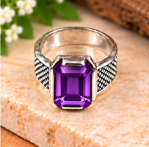 Amethyst Sterling <b>Silver</b> <b>Ring</b>, <b>Emerald</b> Cut Purple Gemstone Men's <b>Ring</b>, Vintage Engraved <b>Silver</b> Statement Jewelry - Product Image 4