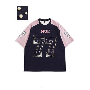 Trendy 2027 Pink Satin Raglan Sleeve Pearl <b>Rhinestone</b> American Football Jersey Cropped <b>Mesh</b> Y2K Hip Hop Women's Streetwear <b>Top</b> - Product Image 3