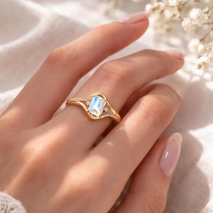 Moonstone <b>Emerald</b> Cut <b>Ring</b> Split Shank June Birthstone <b>Ring</b> 925 Sterling <b>Silver</b> 18K Gold Filled Minimalist Statement Jewelry - Product Image 5