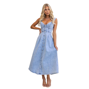 Ladies Casual Sleeveless Denim Dress with Button Closure Wholesale Clothing Manufacturer - Product Image 5