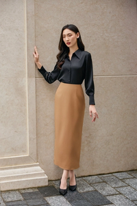 Jupe crayon longue taille haute élégante et minimaliste en coton uni pour femme, fabriquée au Vietnam KV17 - Product Image 2