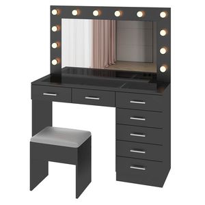 Large Lighted 12 LED Mirror Makeup Vanity Desk Set with 7 Drawers Glass Top Power Outlet-Elegant Vanity Table - Product Image 5