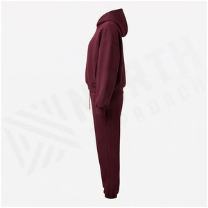 Unisex <b>Burgundy</b> Hooded Sweatshirt and Jogger Tracksuit Set Full Length Solid Color Casual Wear 100% Cotton Midweight Autumn - Product Image 3