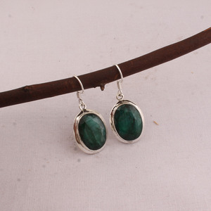 925 Sterling <b>Silver</b> Engagement Emerald Quartz Vintage Dangle Drop <b>Earrings</b> Faceted Oval Gemstone Bezel Set Jewelry Wholesale - Product Image 5