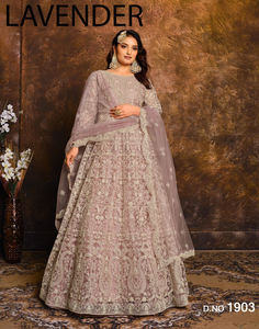 Tenue ethnique indienne et pakistanaise pour femmes, style Anarkali, avec broderie papillon en résille, travail de miroirs et bordure en dentelle, en Faux Georgette épaisse, pour les fêtes - Product Image 1