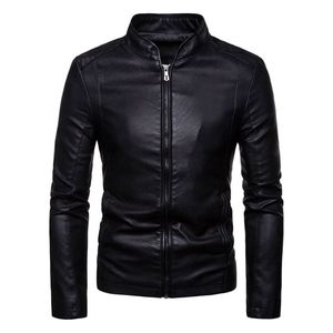 Veste en cuir PU noir pour homme, style motard, col montant, fermeture éclair, coupe ajustée, longueur normale, couleur unie, pour l'automne - Product Image 1
