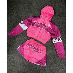 Custom Women's Pink Nylon Cropped Windbreaker Waterproof Jacket Streetwear Polyester Tracksuit Shorts Set Summer Men's Hoodies - Product Image 6