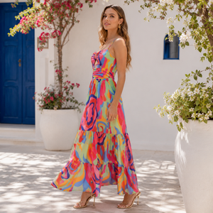 Women's Yellow Smocked Midi Dress | Ruffle Strap Tie Front Sleeveless A Line Summer Party Casual Beach Women's Vibrant Abstract - Product Image 4
