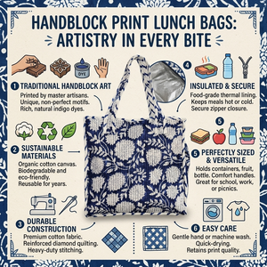 Hand Block Printed Cotton <b>Lunch</b> <b>Bag</b> Reusable Insulated Food Carrier <b>Tote</b> Office School Picnic Travel Zipper Wholesale Supply - Product Image 6