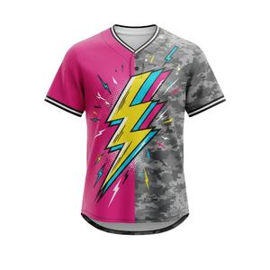 Jersey de béisbol sublimado para hombre-Diseño de rayo rosa/amarillo - Product Image 1