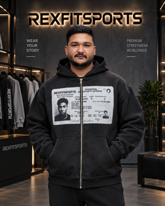 REXFITSPORTS 2026 Sweat à capuche zippé oversize noir pour homme, impression graphique personnalisée, molleton de coton premium, veste streetwear - Product Image 5