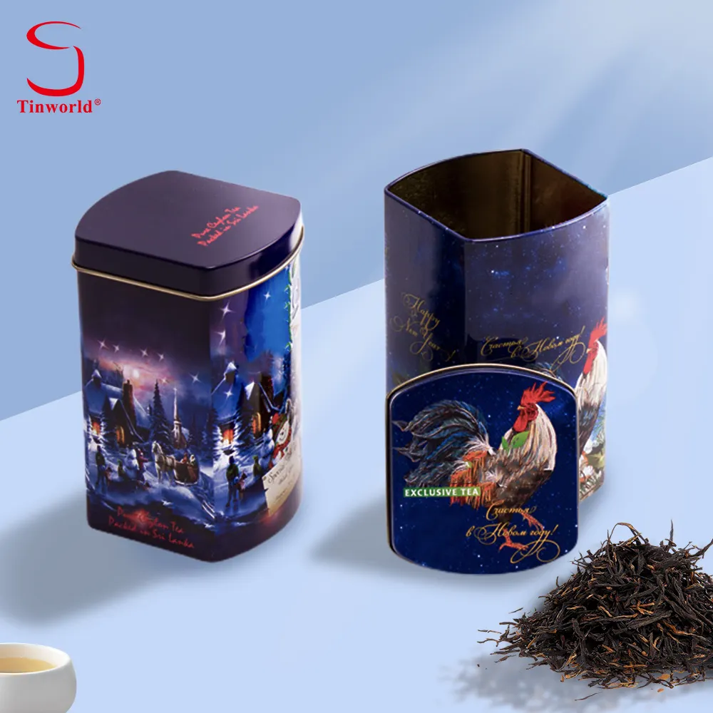 علبة معدنية غير منتظمة الشكل مخصصة من المصنع للحاويات والبيع علبة شاي من صفيح الشاي مع ملصق مخصص للأطعمة