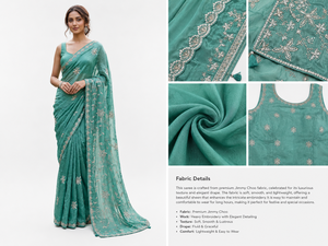 Sari de Seda Georgette Verde Mar para Bodas Tradicionales, con Bordado a Mano y Espejos, de Secado Rápido y Sin Arrugas, para Fiestas - Product Image 5