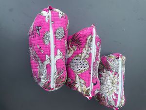Set de Bolsas Cosméticas Acolchadas Rosas con Estampado Tropical, Cierre de Cremallera, Estilo Bohemio, para Uso Diario y Viajes, para Todas las Estaciones - Product Image 2