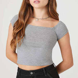 Women Gray Square Collar Cap Sleeve <b>Crop</b> <b>Top</b> Casual Jersey T-Shirt Breathable Short Sleeve Spring Summer Wear - Product Image 2
