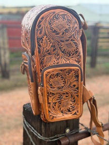 Vintage 100% Genuine Leather <b>Backpack</b> Handmade Floral <b>Tooling</b> Pattern Zipper Closure Softback Unisex 20-35L Capacity Waterproof - Product Image 3
