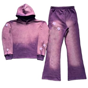 Ensemble sweat à capuche et jogging pour homme, violet délavé, avec patchs étoiles, survêtement décontracté à manches longues, coupe ample, pour l'automne - Product Image 1