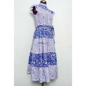 Summer Maxi Dress Short Sleeves Multi Color Cotton Belt Modest Vibe with belt Neck Tie-Front Drift Digital Printed Sweet Natural - Product Image 5