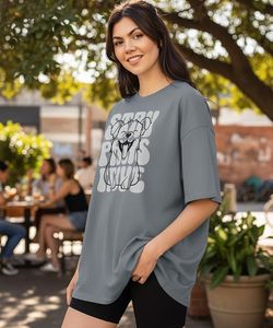 T-shirt gris surdimensionné pour femme avec motif chien de dessin animé et inscription « Stay Positive », col rond, coupe ample, manches courtes - Product Image 2