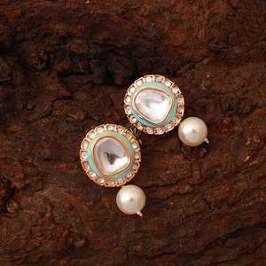 Gaurika 18K Gold Turquoise Pearl Polki Drop Earrings for Wedding & Engagement - Product Image 5