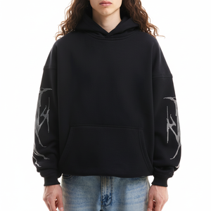 Sweat à capuche noir pour homme, coupe classique, imprimé argenté, 100% coton molletonné, streetwear décontracté, poche, respirant, séchage rapide, hiver - Product Image 1