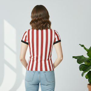 เสื้อยืดลายทางสีขาวแดงสำหรับผู้หญิง แขนสั้น คอกลม แบบริบ ขายส่ง - Product Image 6