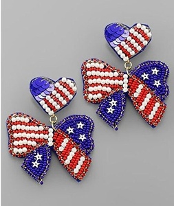Trendy American Flag <b>Red</b> White Blue Statement Dangle Earrings Patriotic Heart <b>Bow</b> Beaded Earrings for Women and Girls Jewelry - Product Image 1
