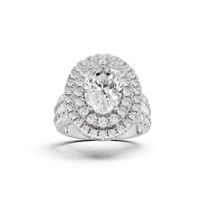 Bague de fiançailles solitaire en or jaune 14 carats avec diamant de laboratoire taille ovale de 2 carats, sertie d'un double halo central, bijoux fins de mariée - Product Image 3
