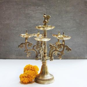 Brass Oil <b>Lamp</b> Pair with Elegant Back Artwork, Multi Diya Stand for Spiritual Puja, Temple Decoration and Cultural Festivities - Product Image 5
