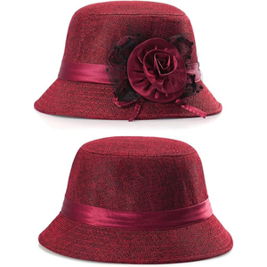 Chapeau Bob Élégant Rouge pour Femme en Lin Brodé de Roses avec Bordure en Maille – Style Européen Tendance pour Adultes, Idéal Printemps-Été et Soirées - Product Image 3