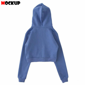 Sweat à capuche court bleu unisexe à fermeture éclair, coupe classique, couleur unie, avec poche, en molleton bouclette, décontracté, pour l'automne - Product Image 2