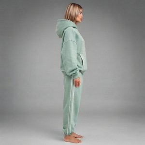 Oversized Fleece Tracksuit Women's Rhinestone Print <b>Hoodie</b> French Terry Jogger Two Piece Set Ladies Raw Seam Hooded Sweat Suit - Product Image 3