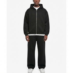 Ensemble de survêtement OEM personnalisé en coton épais, sweat à capuche noir zippé et pantalon de survêtement, ensemble uni, survêtement d'hiver oversize pour homme - Product Image 4