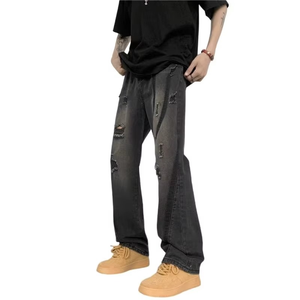 Venta al por mayor transfronteriza: Jeans de hombre de corte regular, versátiles, elásticos, de pierna recta, informales, de punto, desgastados, oscuros, con agujeros, estilo otoñal, para jóvenes - Product Image 1