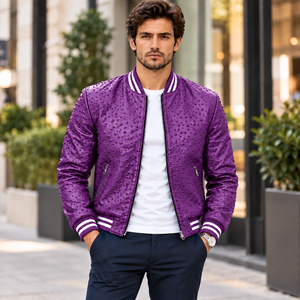 <b>Men</b>’s <b>Purple</b> Ostrich Leather Bomber Jacket Luxury Textured Zip Up Fashion Outerwear - Product Image 1
