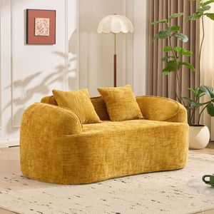 Divano curvo giallo a due posti con braccioli per piccoli spazi, include due cuscini - Product Image 3