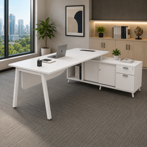 Bureau de direction moderne blanc avec armoire de rangement, design minimaliste, mobilier de bureau, utilisation à domicile, bureau autoportant à assembler - Product Image 1