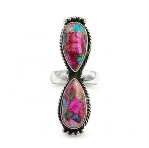 Bague en gros en cuivre rose avec double pierre turquoise en forme de goutte, bague statement bohème vintage plaquée argent pour femme - Product Image 2