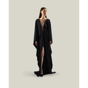 Elegant <b>Black</b> Empire Gown V-neck Full Sleeve Floor-Length <b>Kaftan</b> Party Dress A-Line Silhouette Cotton Fabric All Seasons Wear - Product Image 1