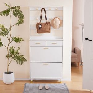 White Entryway Bedroom Armoire with Hanging Rod Shoe Cabinet and Wardrobe Closet Drawers Shelves Handles Portable Wardrobes - Product Image 1