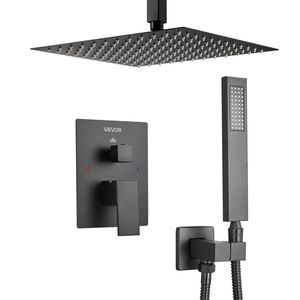 12\" Square Rain <b>Shower</b> <b>Head</b> and Hand Set Matte <b>Black</b> Bath & <b>Shower</b> Faucet Set - Product Image 1