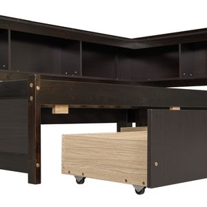 Letto a L in Legno Misura Twin con Libreria, Prese di Corrente, Porte USB e Due Cassetti - Product Image 5