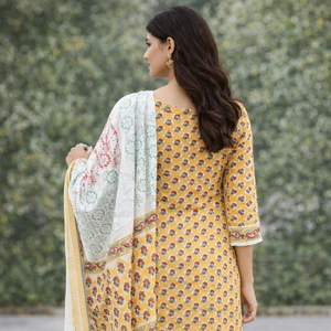 Traje Punjabi Profesional Amarillo y Blanco |   Conjunto de Kurti y Pijama con Estampado Floral Hecho a Mano con Borde |   Conjunto Maestro de Sarong Indio - Product Image 2