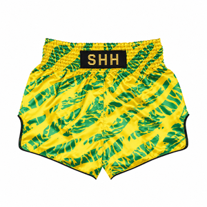 Shorts de Muay Thai SHH jaune et vert à rayures tigrées en satin, unisexe, pour adultes, vêtements de combat - Product Image 1