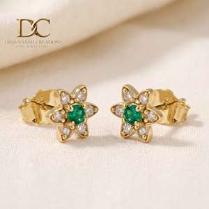 Unique Designer 14KT Solid Yellow Gold Lab Grown Diamond and Colombian Emerald <b>Stud</b> <b>Earring</b> IGI Certified Women Custom Jewelry - Product Image 2