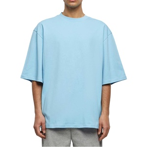 T-shirt en coton toile bleu clair pour homme, coupe classique, manches courtes, col rond, design uni, tricoté, couleur unie, longueur standard - Product Image 4