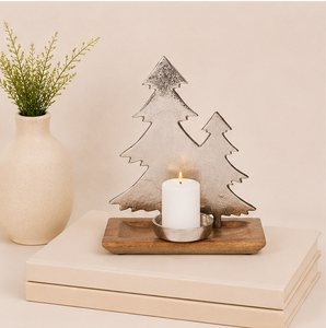 Antique Silver Aluminium Christmas Tree Candle Holder With Natural Mango Wood Base Handcrafted Metal <b>Tea</b> Light <b>Stand</b> For Festive - Product Image 4