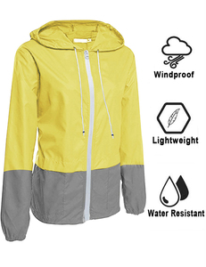 Veste de randonnée imperméable à capuche contrastée jaune et gris pour femme, manches longues, fermeture éclair, coupe classique, longueur normale - Product Image 3