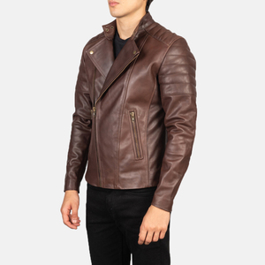 Men's Brown <b>Leather</b> Biker <b>Jacket</b> Stand Collar Zipper Closure Slim Fit Motorcycle Style Autumn Wear - Product Image 3